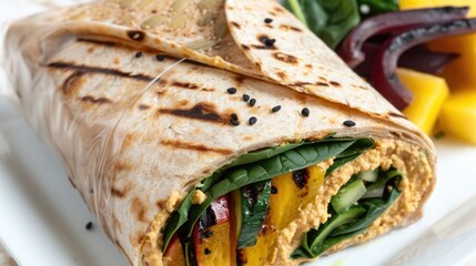 A high-fiber lunch option with a whole-grain wrap filled with hummus, spinach, and grilled...