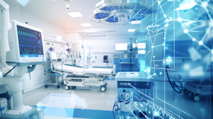 Background featuring high-tech hospital room with advanced medical equipment and monitors, highlighting modern healthcare technology and patient care