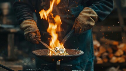 A goldsmith melting gold in a crucible, preparing it for molding