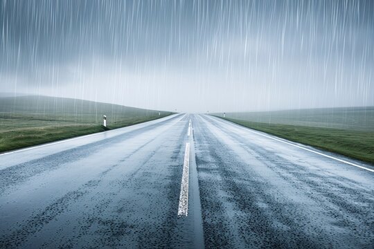 A serene and crisp photo of a rural road disappearing into the distance under a steady rainfall