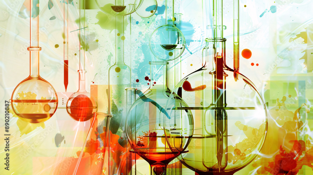 Poster abstract composition of colorful laboratory glassware and test tubes with splashes of paint and scie