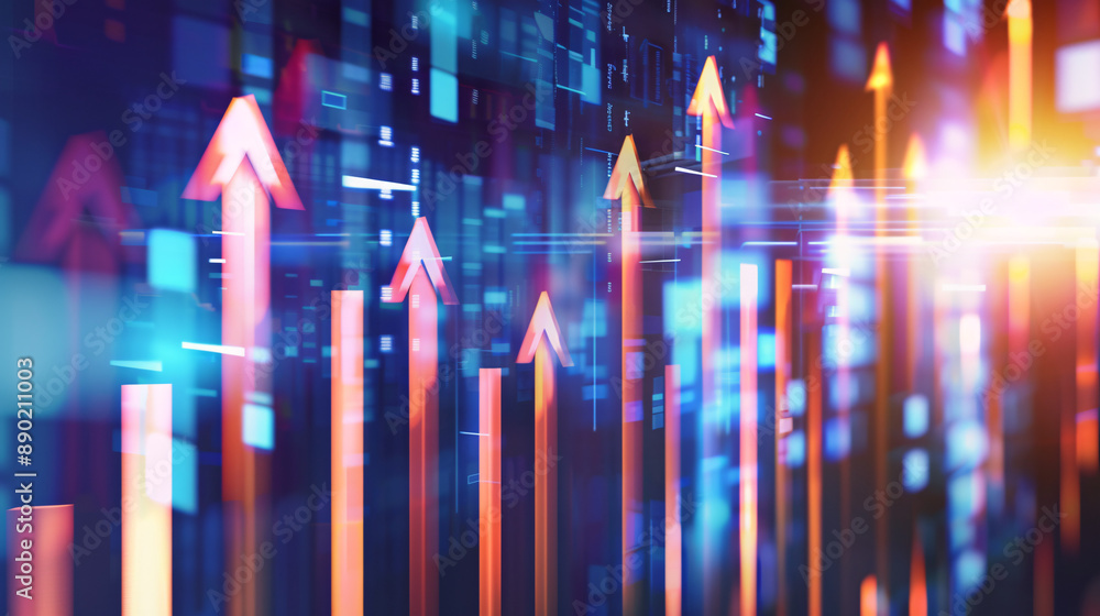 Poster rising arrows in a digital background representing growth and progress