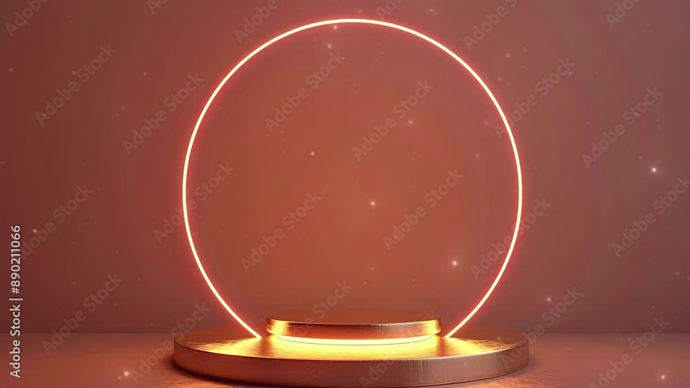 Poster golden stage with circular lights. luxury podium. golden podium with glowing circle on light brown b