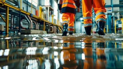 Obraz premium Two men in orange safety gear walk through a flooded area