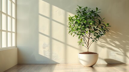 Fototapeta premium Sunlit white-walled room with a minimalist design, featuring a single, large indoor plant as the focal point.