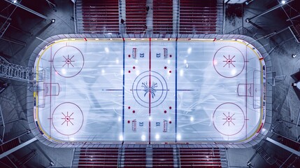 Aerial view of an empty ice hockey rink at night