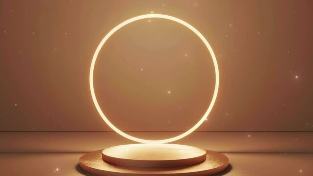 Golden Stage with Circular Lights. Luxury podium. Golden podium with glowing circle on light brown background for product presentation empty mockup. Copy space area for text.