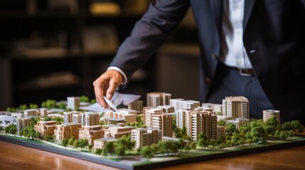 Businessman with futuristic 3d city model of houses on table in real estate agency office