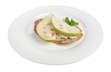 Delicious bruschetta with fresh ricotta (cream cheese), walnuts, mint and pear isolated on white