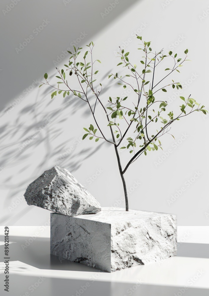 Poster modern geometric stone podium with dynamic shadows for product display in 3d art installation, gener