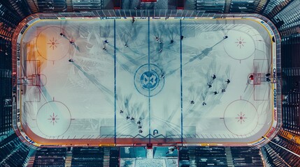 Aerial view of a hockey game in progress on a snowy day