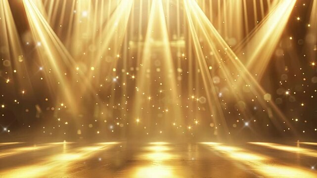 Abstract background with yellow light, stage spotlights and golden path. Gold stage scene with spotlight. Party, dance hall, disco, theater, show. Beautiful background