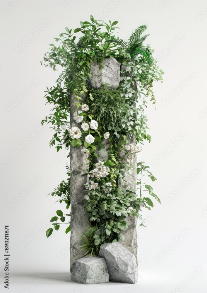 Aufkleber natural stone display stand with botanical elements for organic product showcase in 3d rendering, ge