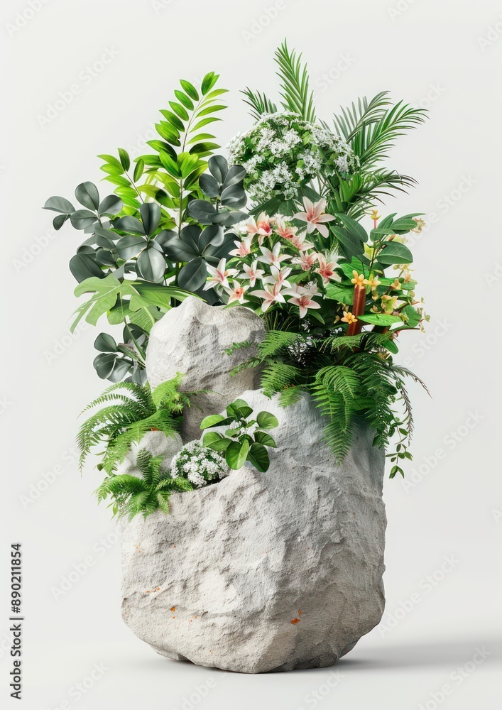 Poster vibrant flora on smooth stone display - fresh product presentation | 3d rendering for marketing and 