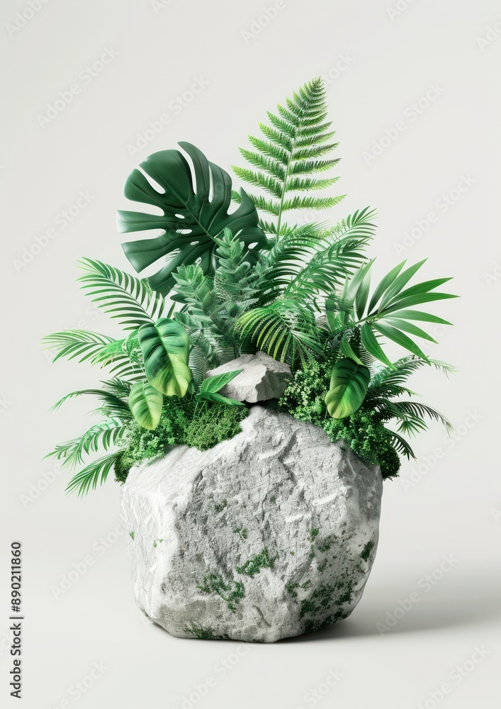 Poster serene stone display with lively flora and fresh product presentation - 3d rendering, generative ai