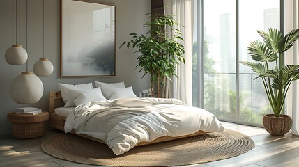 A minimalist bedroom with a simple bed, white linens, and a single piece of art on the wall.