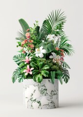 Fototapeta premium Pristine Stone Showcase: Colorful Flora Adorning Fresh Products - 3D Rendering, Generative Ai
