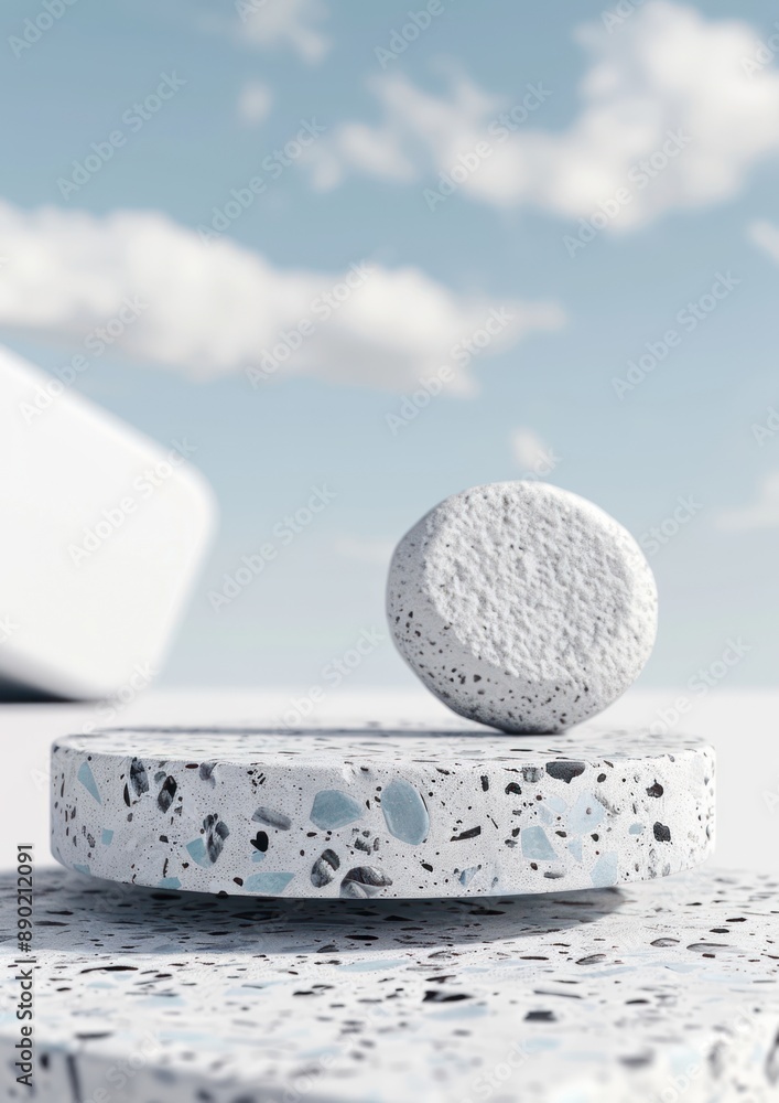 Poster serene stone podium for product display with soft focus background in 4k resolution, generative ai