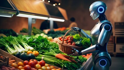 A robot stands at a stand with vegetables in a grocery store and chooses healthy products for itself