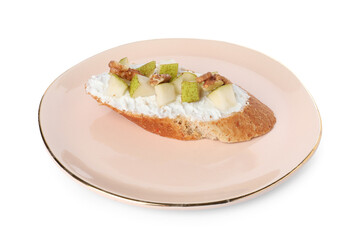 Delicious ricotta bruschetta with pear and walnut isolated on white