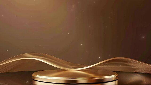 Gold podium background with wave line on brown background for product display presentation, premium product cosmetic. Luxury stage or podium with copy space area. 
