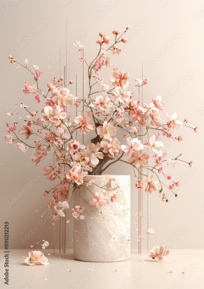 Poster elegant stone pedestal with abstract floral background for artistic product presentation in 3d rende