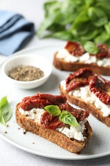 Delicious ricotta bruschettas with sun dried tomatoes, basil and milled pepper on light table, closeup