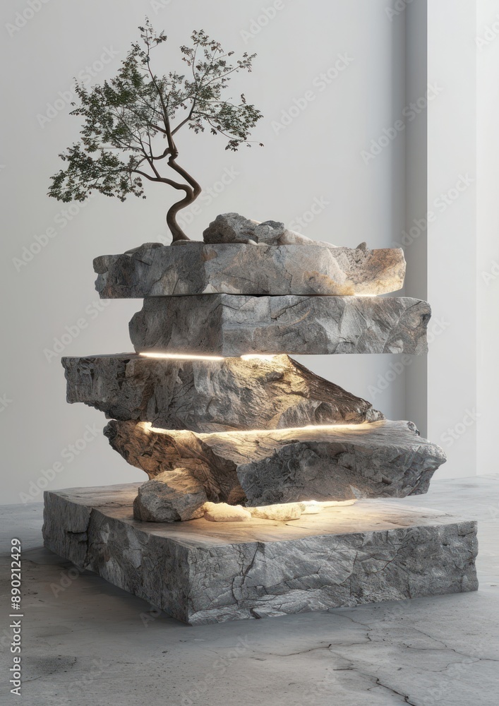 Aufkleber illuminated stone layers - creative product showcase with artistic lighting in 3d rendering, generat