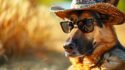 German Shepherd in hat and sunglasses enjoys sun