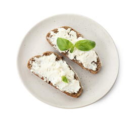 Delicious bruschettas with ricotta cheese and basil isolated on white, top view
