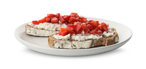 Delicious bruschettas with ricotta cheese and chopped strawberries isolated on white