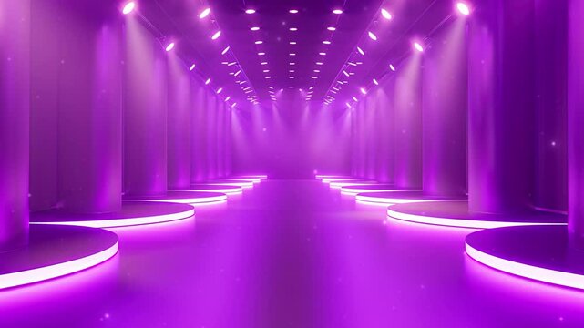 Purple stage background with purple spotlights. Festive empty purple stage or podium for show with backdrop decoration. Fashion show catwalk or podium stage. Luxury night club, dance hall, Disco