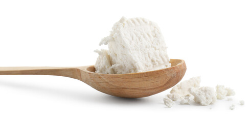 Tasty ricotta (cream cheese) in spoon isolated on white