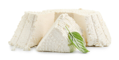Tasty ricotta (cream cheese) and basil isolated on white