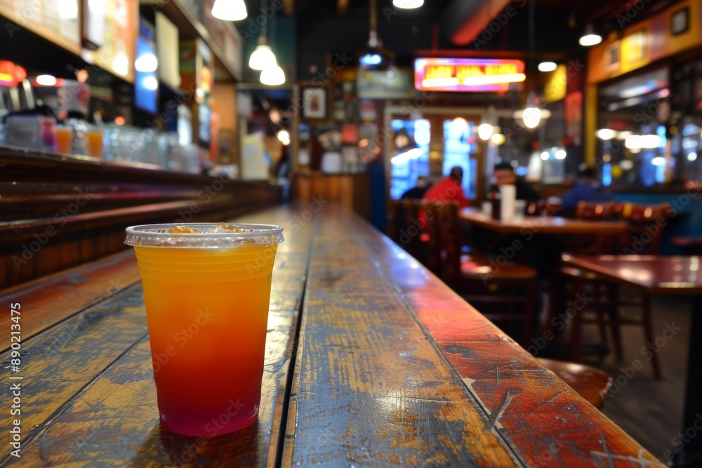 Poster cozy bar with a single drink on a wooden table warm and inviting high quality photography indoor set