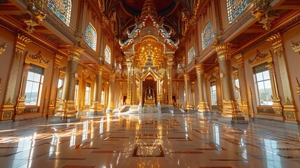 Fototapeta premium Luxurious golden temple interior with intricate designs and reflections.