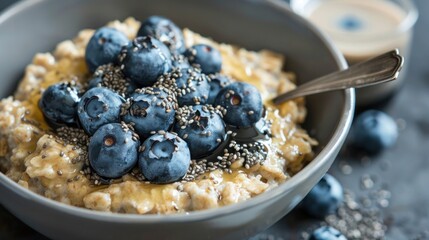 A diabetic-friendly breakfast featuring a bowl of oatmeal topped with fresh blueberries, a sprinkle of chia seeds, and a side of unsweetened almond milk