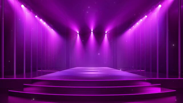 Purple stage background with purple spotlights. Festive empty purple stage or podium for show with backdrop decoration. Fashion show catwalk or podium stage. Luxury night club, dance hall, Disco
