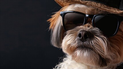 Naklejka premium A Lhasa Apso dog looking stylish in sunglasses and a hat