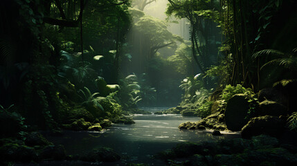 Sunlight through the misty forest path in the morning