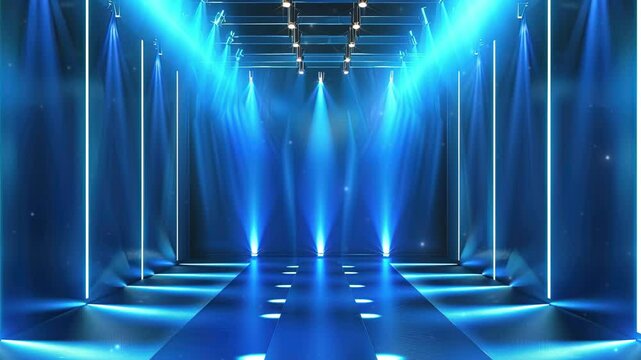 Abstract blue background with blue stage light and spotlights on empty floor. Blue light rays background. Podium for product presentation, party, dance hall, disco, theater, show. Beautiful background