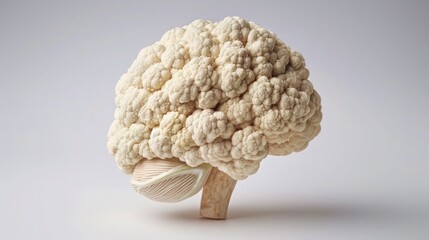 A brain crafted from cauliflower florets, illustrating cognitive health, isolated on a pure white background