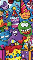 Happy Birthday Doodle Art with Colorful Characters