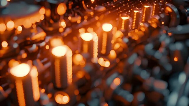 A topdown shot of an engine focusing on the spark plug chamber. The plugs are all lined up perfectly each one glowing hot from recent use.