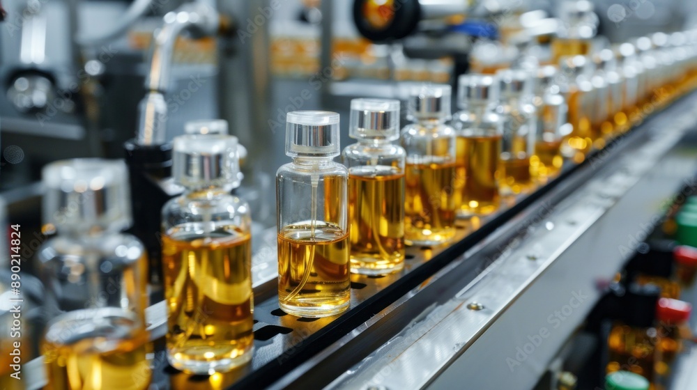 Poster a row of bottles with a clear liquid inside