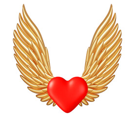 3d realistic detailed golden angel wings and red heart. Stock vector illustration on isolated background.