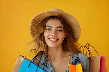 A happy woman smiling and holding shopping bags against a bright background