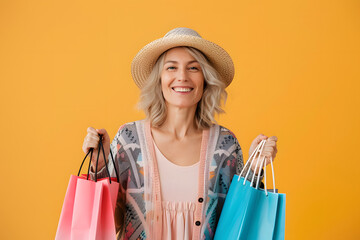 A smiling, happy woman holding shopping bags against a colorful background