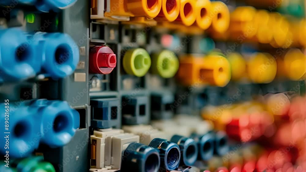Poster a detailed closeup of a fuse boxs layout with each switch and fuse clearly labeled and colored.