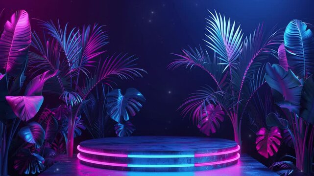 3D rendering abstract platform podium product presentation backdrop. Tropical leaves and palm trees illuminated with neon light on a podium stage in a dark room background. Copy space area. 4K Video